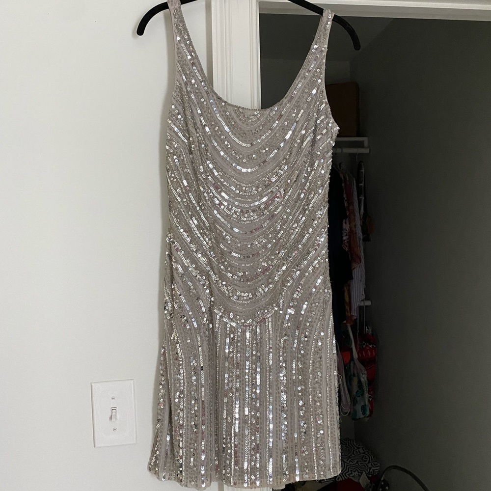 Adrianna Papell Silver Sequin Cocktail Dress